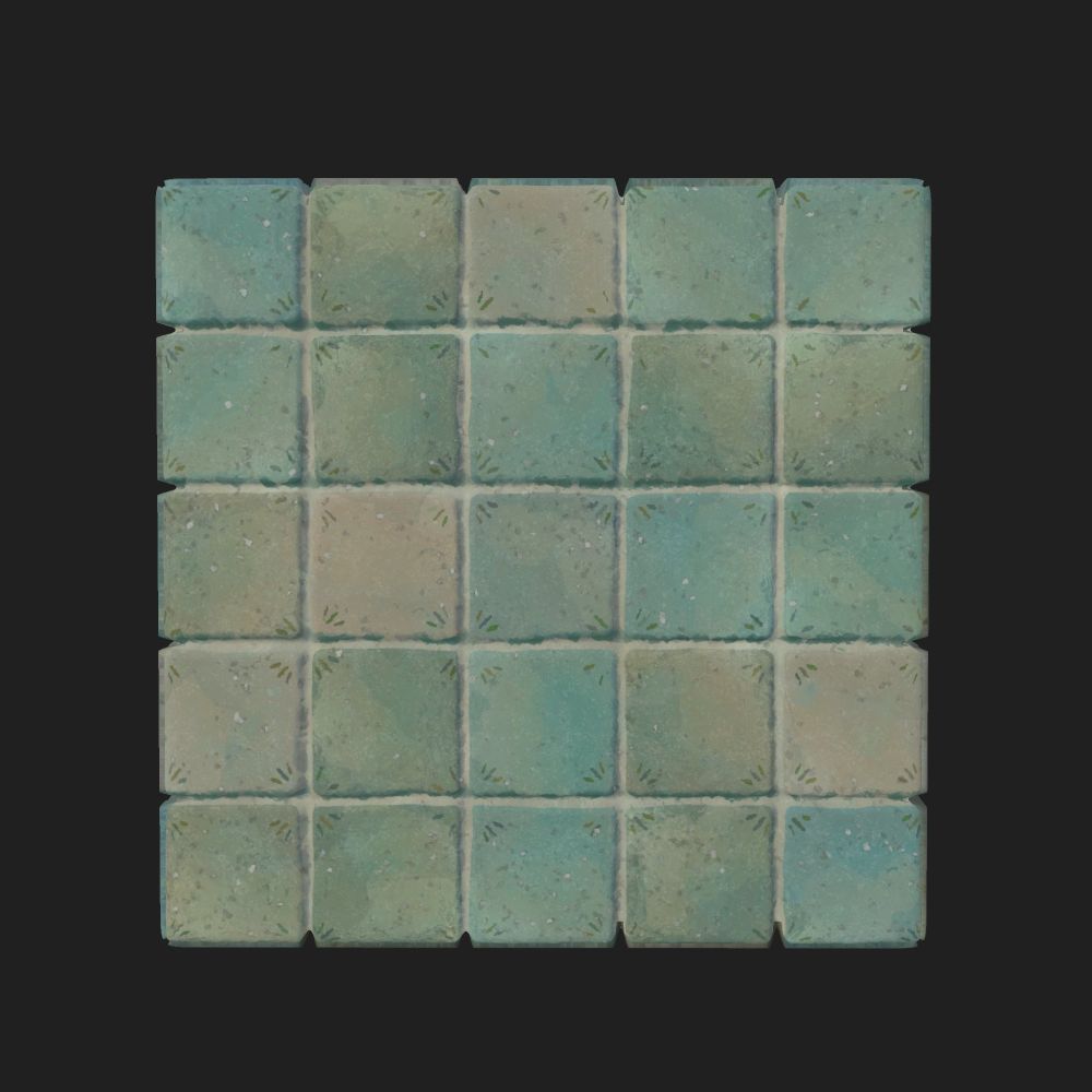 Procedural material of stylized wall tiles with blue and green tones, with a watercolor look