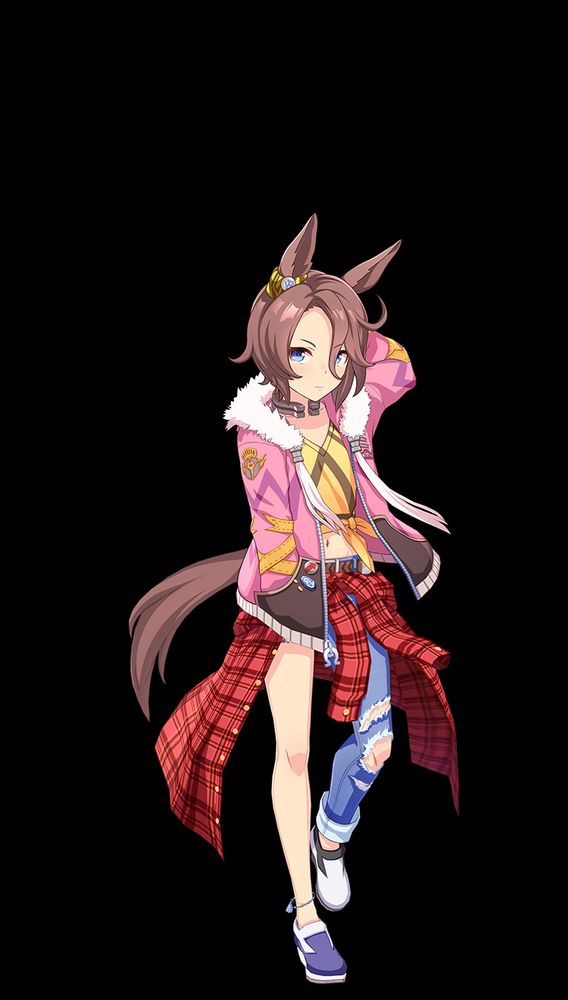 An image of Narita Taishin, an "umamusume" or otherwise known as a horse girl. She's wearing a yellow shirt adjusted into a crop-top, a pink coat with a white fur hood, a flannel shirt wrapped around her waist, and one-legged jeans where the other leg is presumably torn just below the leg joint but is hidden.