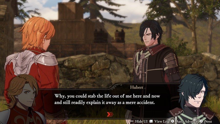 Screenshot of Hubert and Ferdinand’s A-support from 3 Hopes with Hubert saying "Why, you could stab the life out of me here and now and still readily explain it away as a mere accident." 