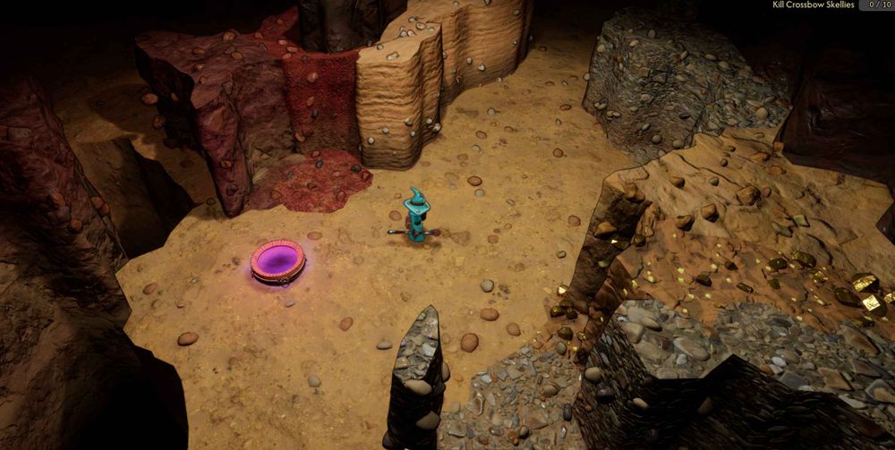 A wizard in cyan robes in a cave surrounded by different types of rock, mostly reddish