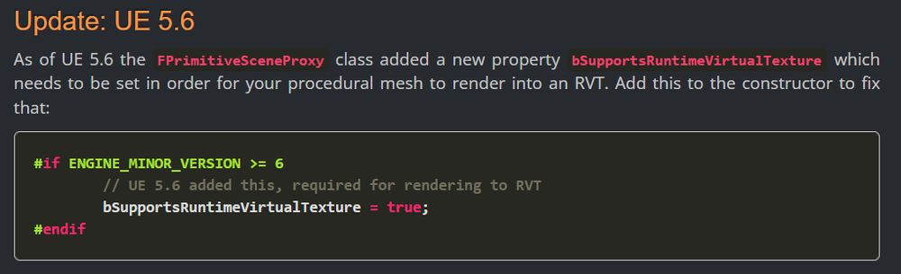 As of UE 5.6 the FPrimitiveSceneProxy class added a new property bSupportsRuntimeVirtualTexture which needs to be set in order for your procedural mesh to render into an RVT. Add this to the constructor to fix that:

#if ENGINE_MINOR_VERSION >= 6
		// UE 5.6 added this, required for rendering to RVT
		bSupportsRuntimeVirtualTexture = true;
#endif
