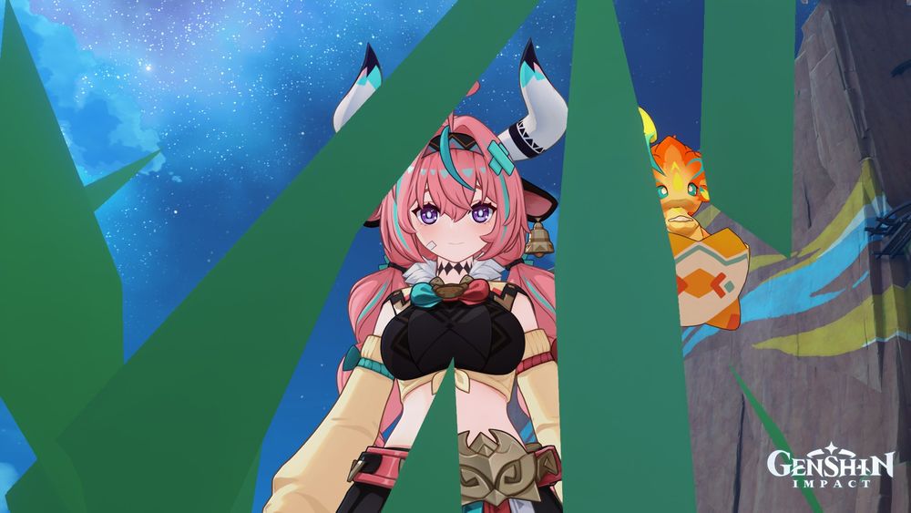 Varesa from genshin impact looking down at the camera through some grass