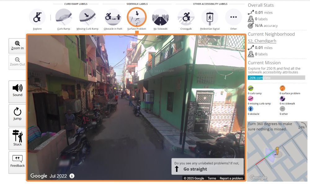 A screenshot of Project Sidewalk in India showing a narrow street with colorful buildings