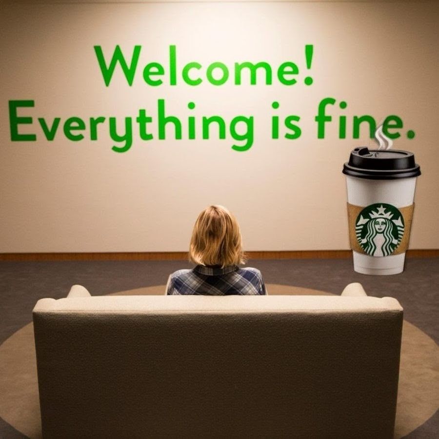 A still image from the television program The Good Place, showing the iconic greeting wall that says "Welcome! Everything is Fine!" where the text is a shade of green that is just a few shades different than traditional Starbucks green and it is discordant in a low level way. There is a badly superimposed cup of Starbucks coffee in its classic takeout cup. 