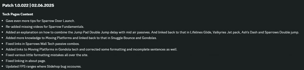 Patch 1.0.022 | 02.06.2025,
Tech Pages Content,
Gave even more tips for Sparrow Door Launch.,
Re-added missing videos for Sparrow Fundamentals.,
Added an explanation on how to combine the Jump Pad Double Jump delay with mid air passives. And linked back to that in Lifelines Glide, Valkyries Jet pack, Ash's Dash and Sparrows Double jump.,
Added more knowledge to Moving Platforms and linked back to that in Snuggle Bounce and Gondolas.,
Fixed links in Sparrows Wall Tech passive combos.,
Added links to Moving Platforms in Gondola tech and corrected some formatting and incomplete sentences as well.,
Fixed various little formatting mistakes all over the site.,
Fixed linking in about page.,
Updated FPS ranges where Slidehop bug occoures.
