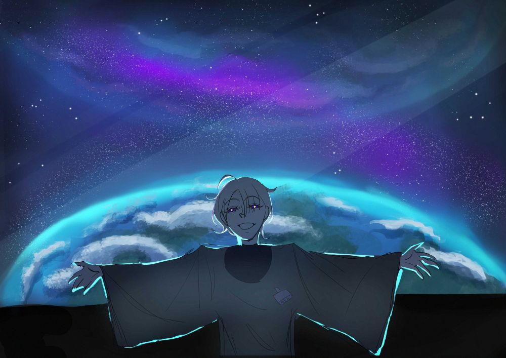 A drawing of a young boy with white hair and pale skin wearing lab clothing. He's in outer space in a facility, back is behind a wide glass window showcasing the planet Earth. His arms are outstretched welcoming an unseen visitor. 

The young boy is the artist's version of Hope from the CAIN RPG.