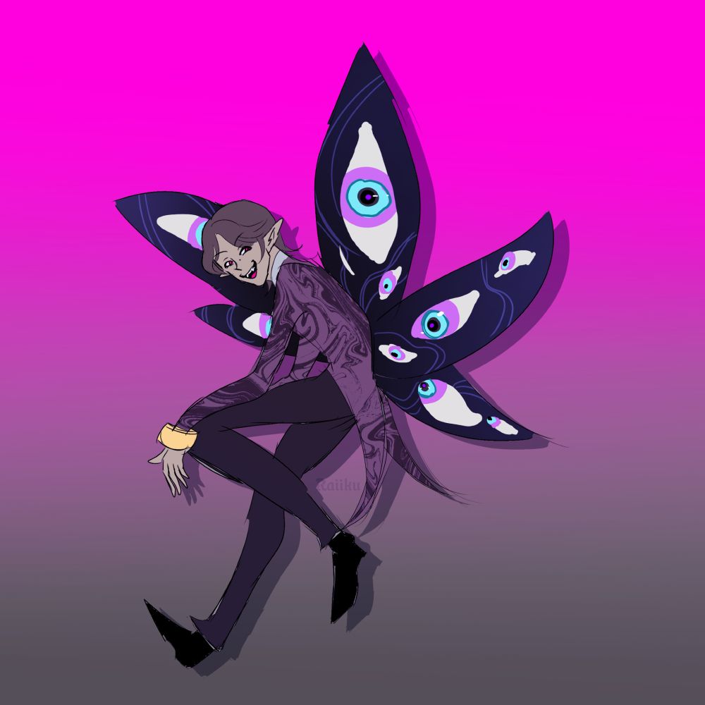 The artist depicted as a small fairy wearing a suit. The fairy wings are black and covered in eyes.