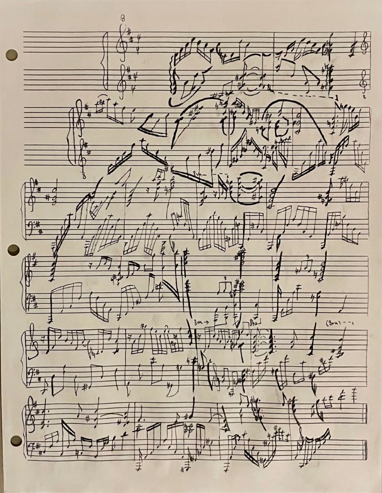 An ink drawing of a sitting raccoon drawn by notes on staff paper in the style of “Sympawnies” by Noam Oxman. Song is inspired by Delius’s first prelude.