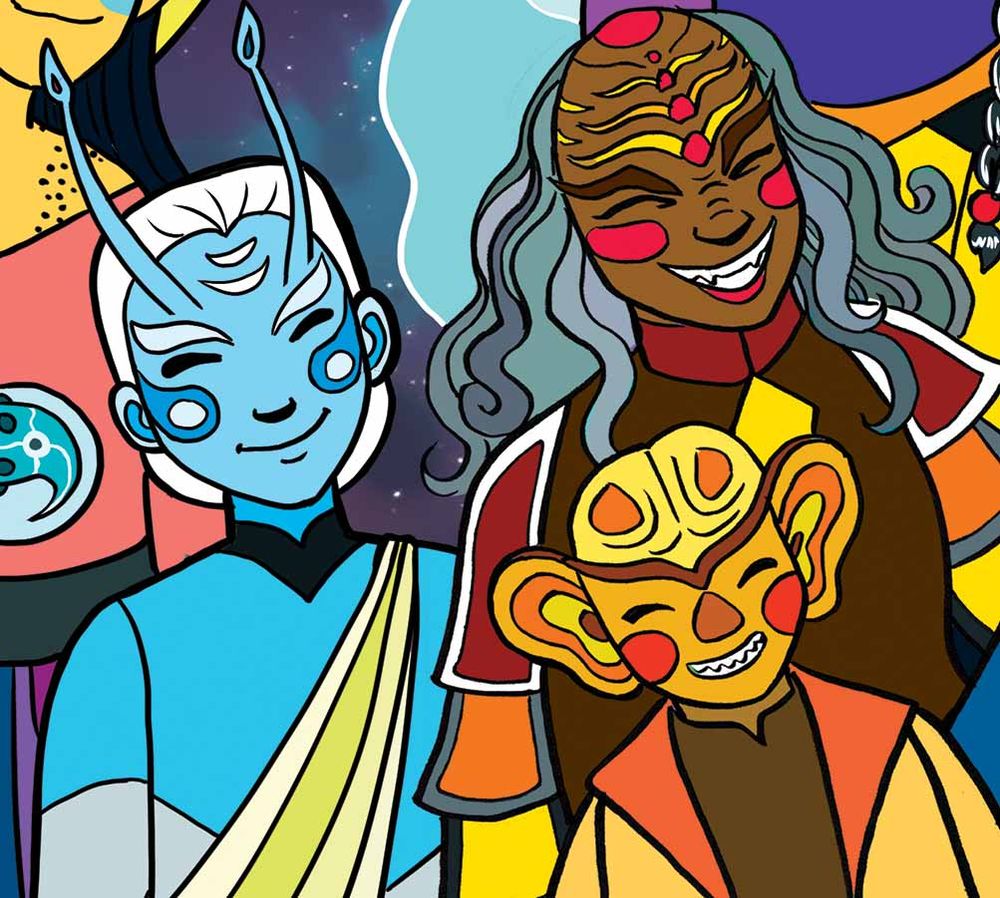 Comic images of versions of Star Trek aliens: Andorian, Klingon, Ferengi