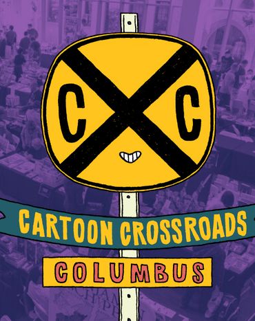 Illustration: A banner reading "Cartoon Crossroads Columbus" below a street sign reading "CXC." Festival booths are in the background.