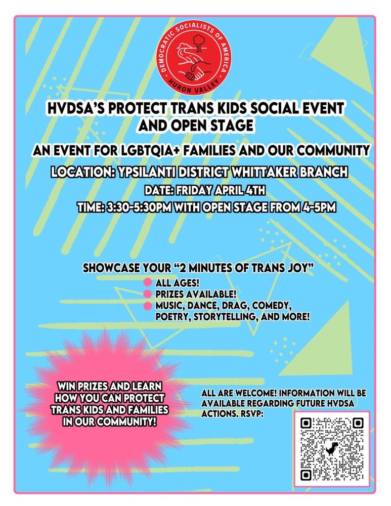 HVDSA's Protect Trans Kids Social Event: April 4th, at the Ypsilanti District Library, Whittaker Branch. 3:30-5:30pm