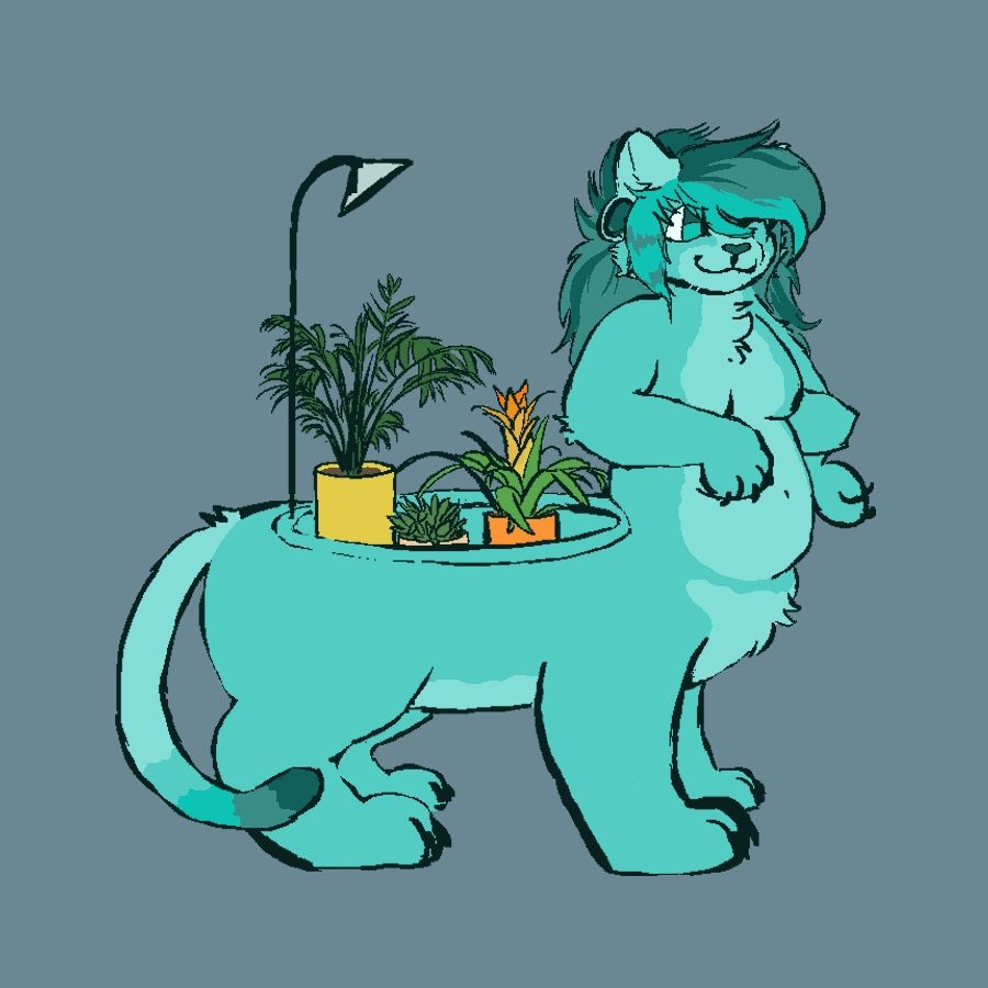 Digital illustration. A taur furry character with a bathtub body containing potted plants winks looking away.