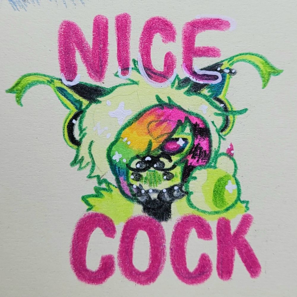 Traditional illustration using Prismacolor pencils on paper. Sugarpill, chartreuse sparklefurry caracal give a smug thumbs up. Text reads NICE COCK.