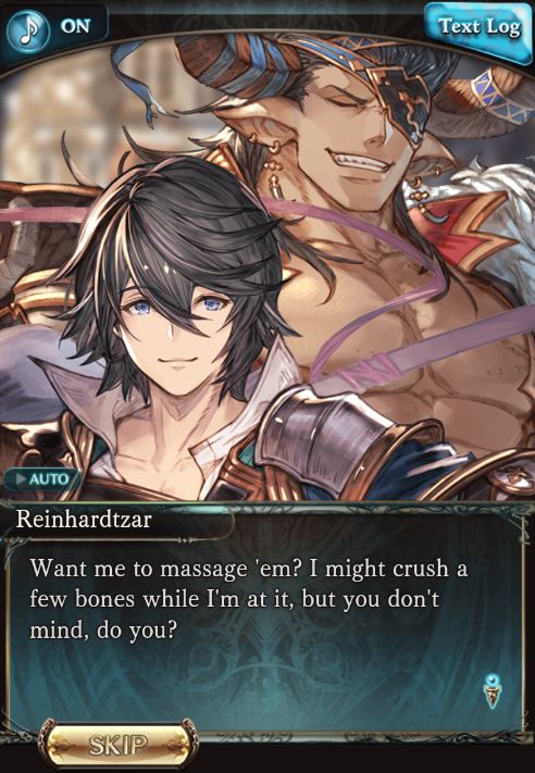Screenshot showing Reinhardtzar standing behind Cain with a smile on his face saying, "Want me to massage 'em?  I might crush a few bones while I'm at it, but you don't mind, do you?