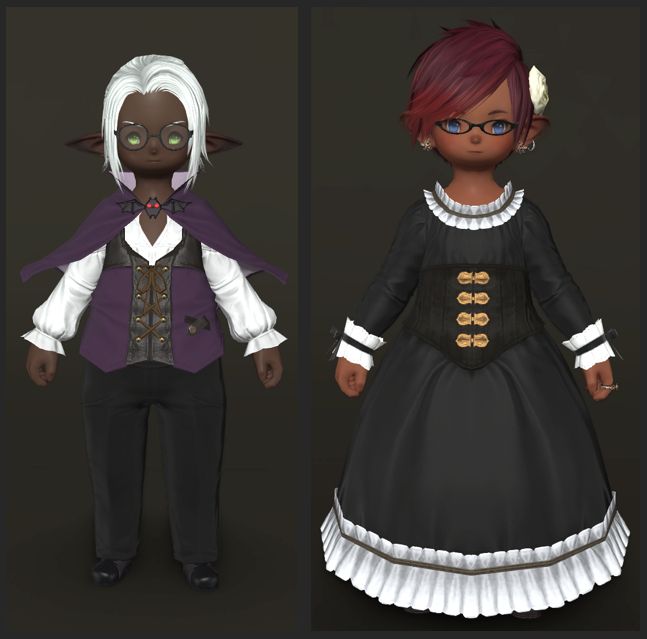 Reference screenshots of Nananji Nononji (Left) in his vampire costume and my lalafell WoL, Reliq Djebeliq, (Right) in their couples Halloween / All Saints' Wake costume of a vampire and his prey.  Nananji is dressed as a vampire and Reliq in a black dress with white trim.