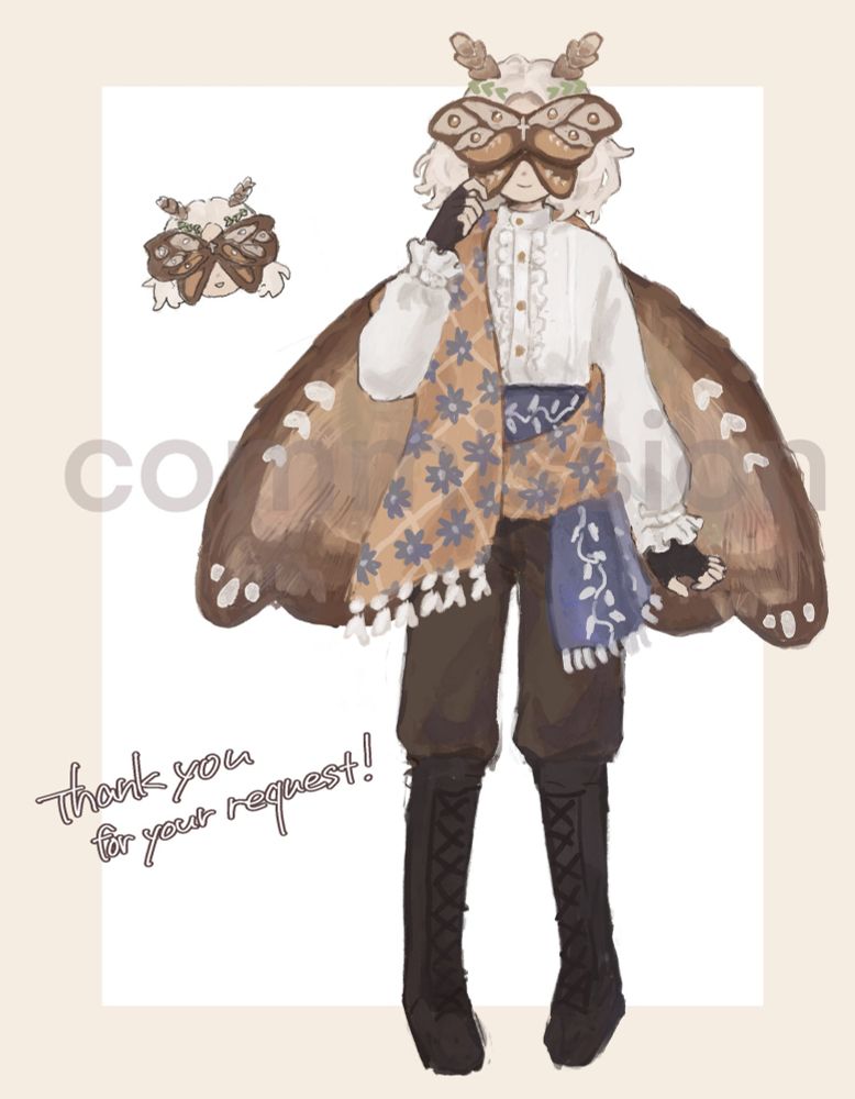 Character art of my OC, Phemera, drawn by mag (https://x.com/9uugrey).  The original design was made by Venn (https://bsky.app/profile/vernorexic.bsky.social).