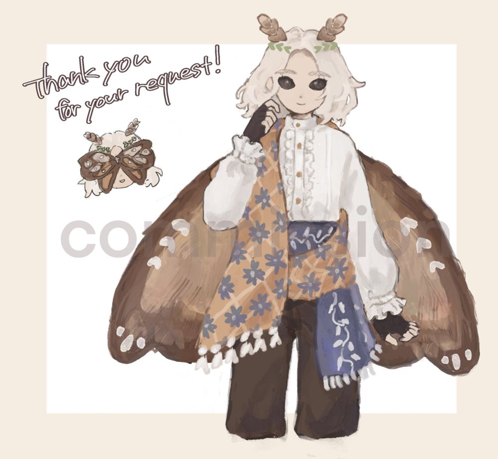 Character art of my OC, Phemera, drawn by mag (https://x.com/9uugrey).  The original design was made by Venn (https://bsky.app/profile/vernorexic.bsky.social).
This version shows them without the mask they wear to conceal their moth-like facial features, such as antennae-like eyebrows and all-black, multifaceted eyes.