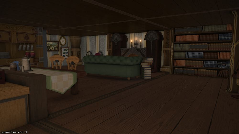 A screenshot of Reliq's apartment home taken from the kitchen, showcasing more of the dining area, the cozy reading nook, and the fireplace.