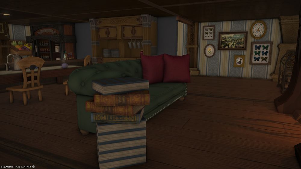 Screenshot of Reliq's apartment home taken from the central couch and offering a view of the dining and kitchen space.