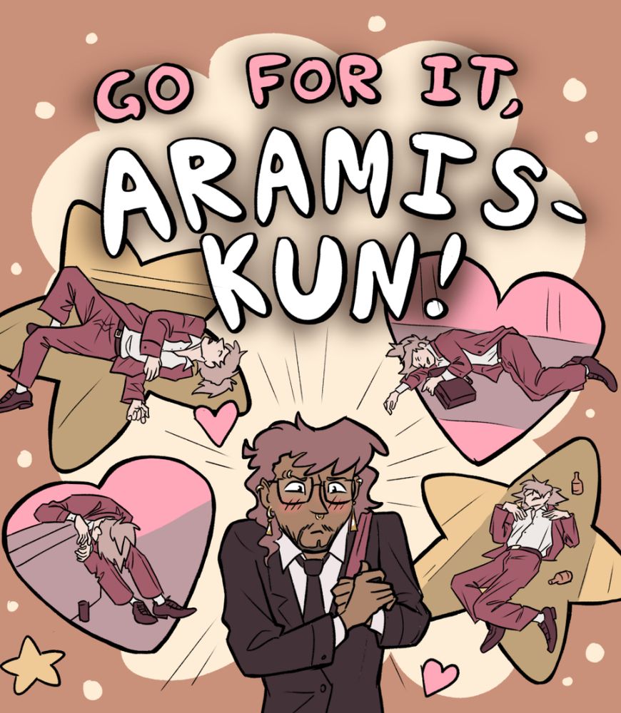 an anime parody in orange and pink of a sad lawyer falling for a sadder lawyer. Title reads "Go for it, Aramis-kun!"