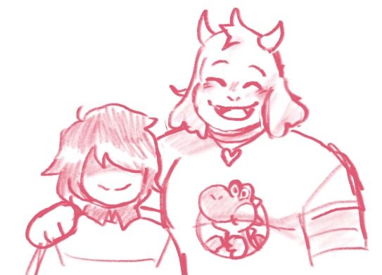 A drawing of Kris and their older brother Asriel from Deltarune. Asriel has a hand on Kris's shoulder, and both of them are smiling. Asriel's shirt has Yoshi on it. 