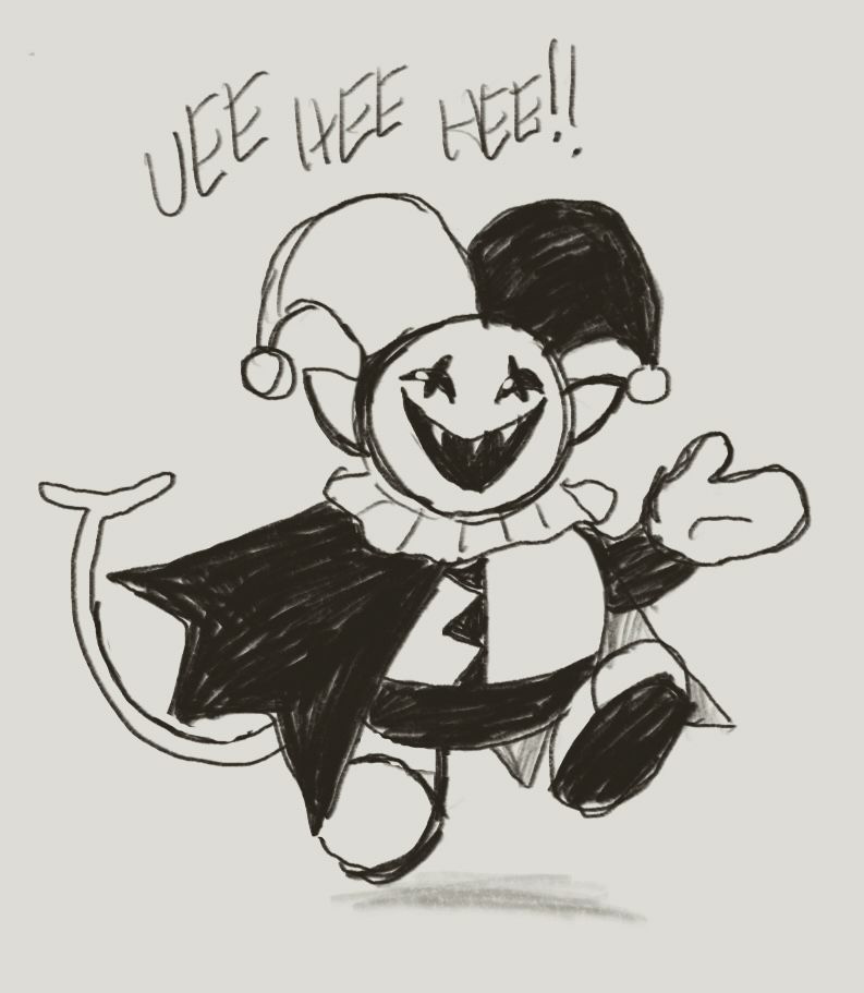 A drawing of Jevil from Deltarune. He has a mischievous expression on his face. 