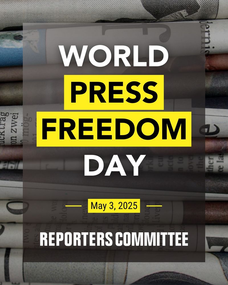 Black and yellow text reading World Press Freedom Day over a background of newspapers.