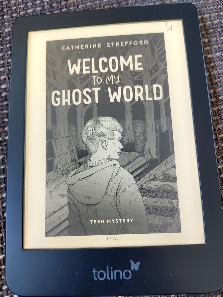 Ebook-Cover Welcome to my Ghost World, Catherine Strefford. 
Im Vordergrund ein Mädchen mit Hoodie und kurzen Haaren, von schräg hinten, steht auf einem alten Bahngleis. Links von ihr ein verwitterter Bahnsteig. Im Hintergrund ein düster wirkender Wald.