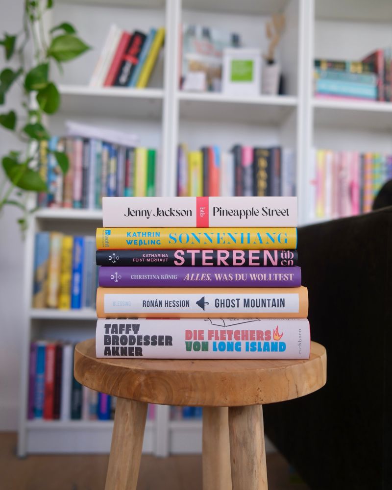 Sechs Bücher stapeln sich auf einem Stuhl übereinander, im Hintergrund steht eine Bücherwand.