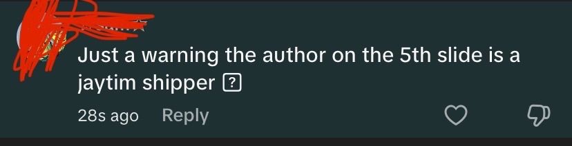 “Just a warning the author on the 5th slide is a jaytim shipper”