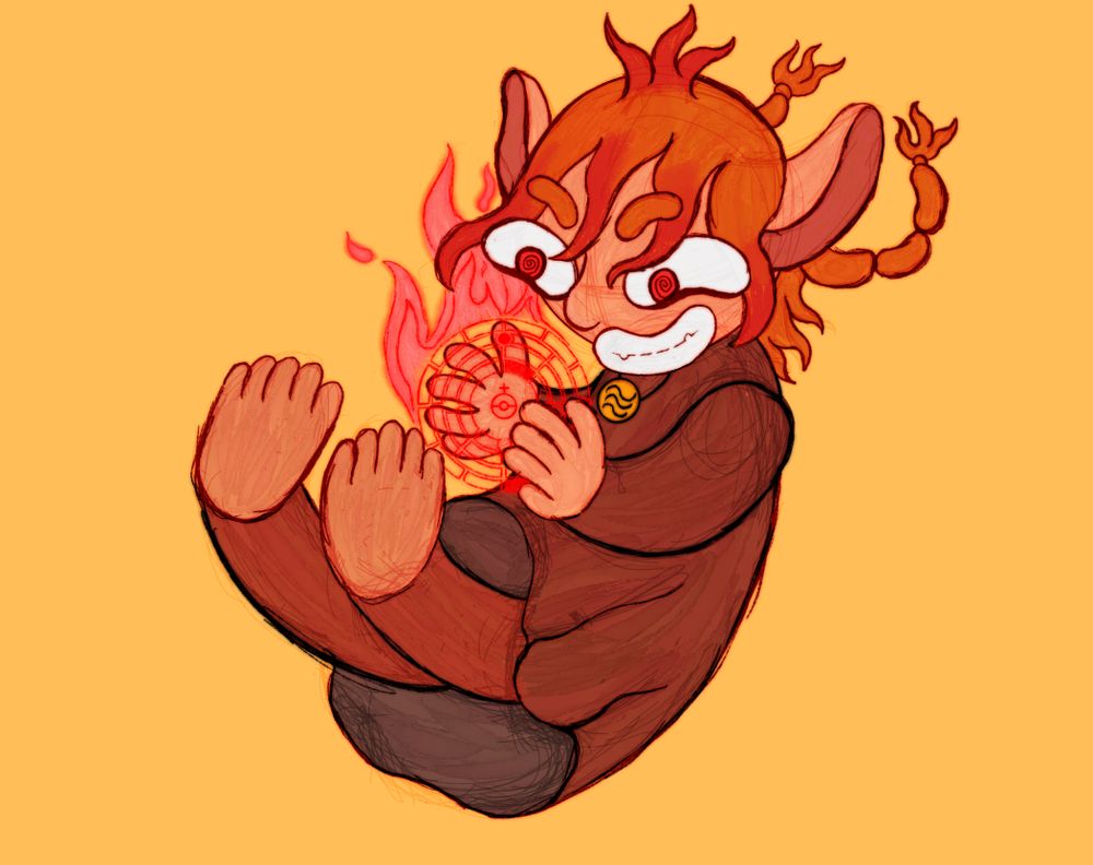 Drawing of Anne Dicefunk, falling in a yellow orange void, summoning a fireball spell. looking like a pyromaniac. I apologise for drawing the feet like that 
 
#DND #Dungeonsanddragons #fantasyart