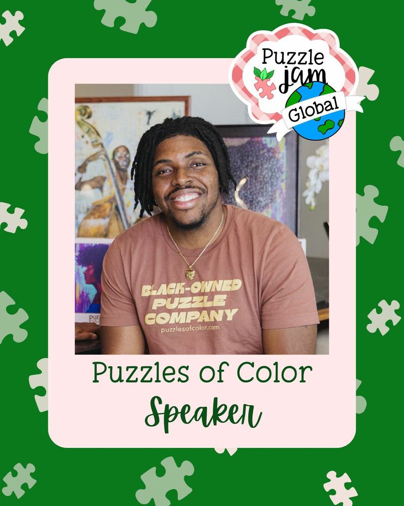 Image of a black man, William, co-founder of Puzzles of Color. Top right has the Puzzle Jam Global logo and underneath the photo the text "Puzzles of Color, Speaker". 