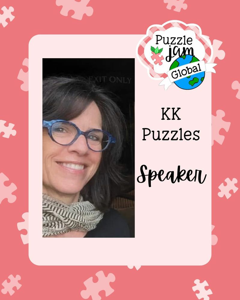 Picture of our speaker on tricky puzzle cutting, Kim, with dark brush hair,  blue glasses and a thin-stripped scarf. At the top right is our Puzzle Jam Global logo, and the text below says " KK Puzzles, Speaker"