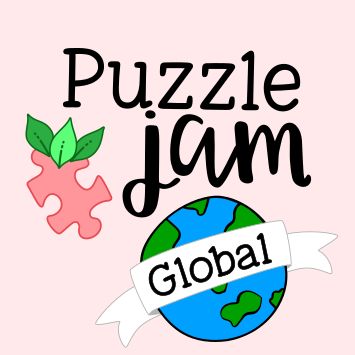 Logo for the virtual event, Puzzle Jam Global. Puzzle berry piece on the left side, with the text "Puzzle Jam" and then a globe below, with a banner with text "Global" across it. Free tickets!