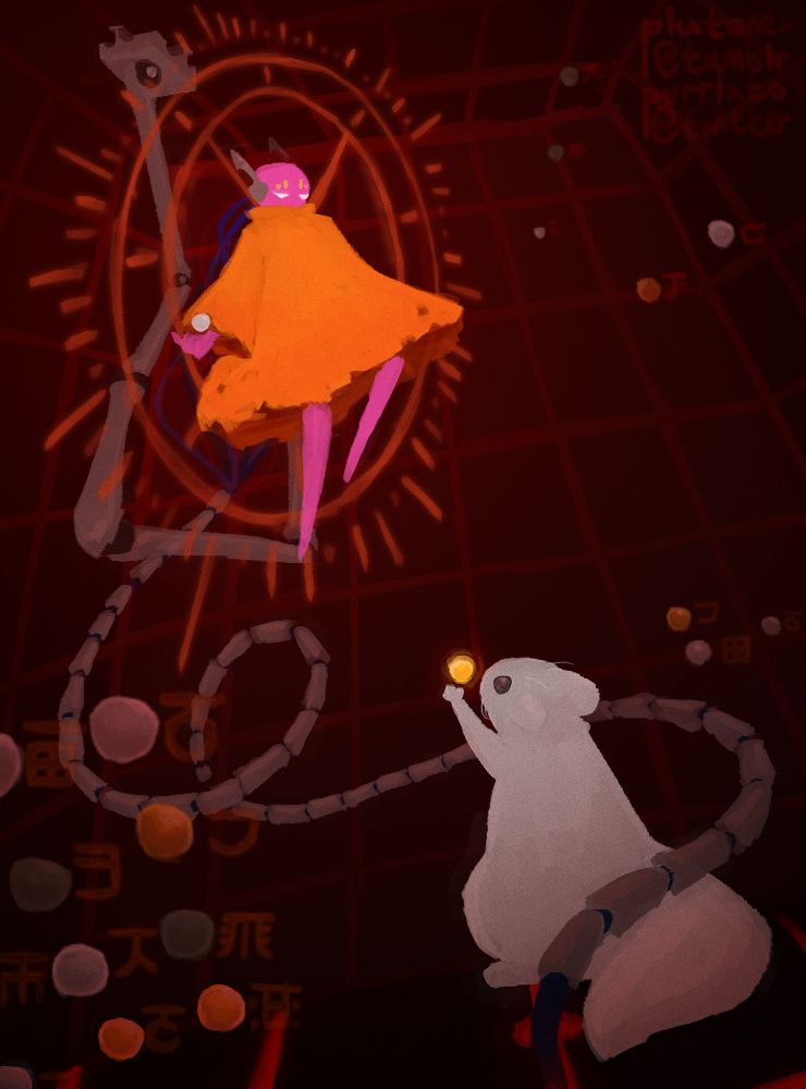 A drawing of Five Pebbles and Survivor from Rain World. Survivor stands at the bottom of Five Pebbles' chamber, offering him a golden pearl.