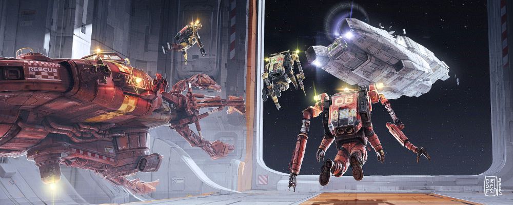 In a vast dock, a group of mechanics and rescue operators in powered spacesuits, rescuing a spaceship in difficulty. In the distance, the cold and black space.