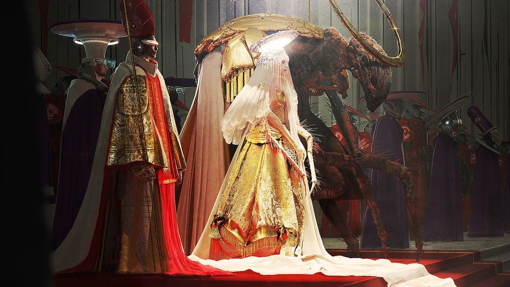 Wedding of a human female princess and an alien buglike prince, in a baroque setting and lighting.