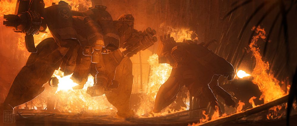 Giant military mechs firing weapons, in a raging giant fire.