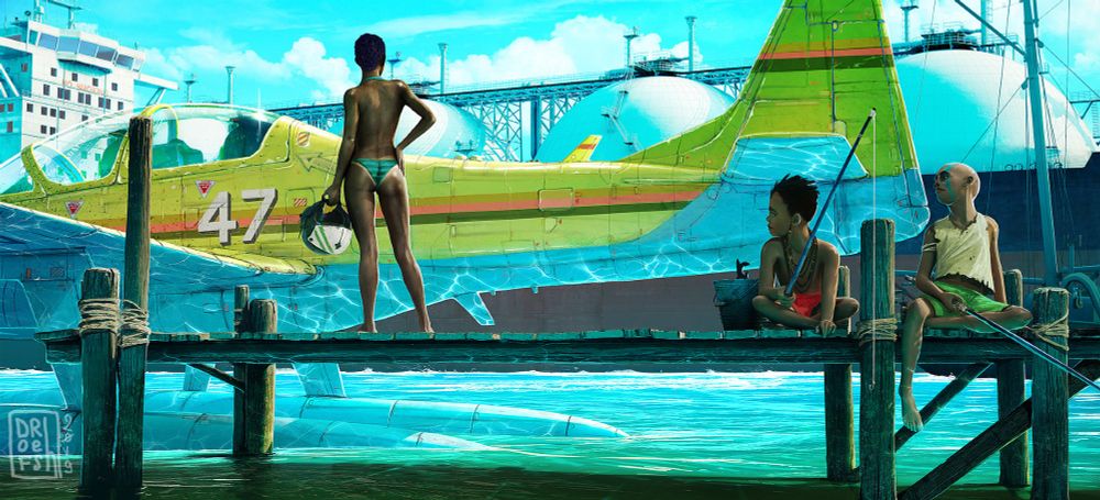 Pretty female pilot in front of a seaplane. Two kids are watching her.