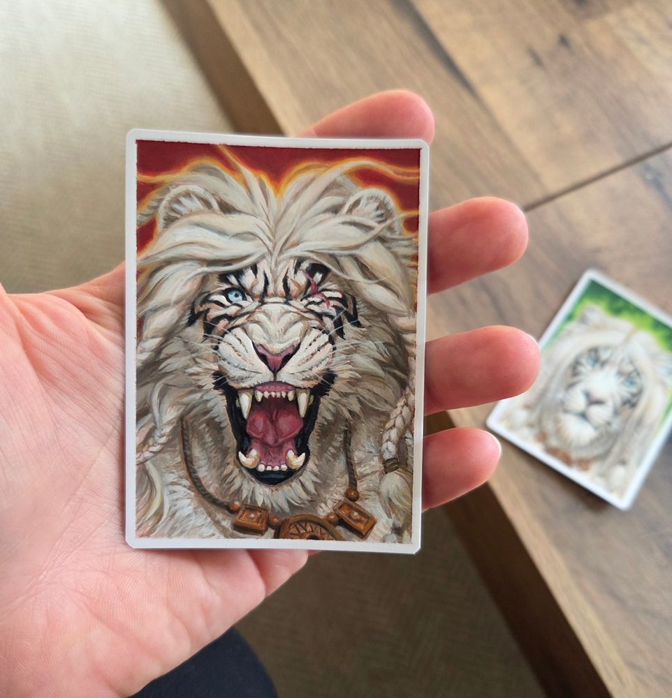 Acrylic painting of Ajani, Nacatl Avenger from Magic the Gathering painted on an artist proof (a white-backed MtG card).