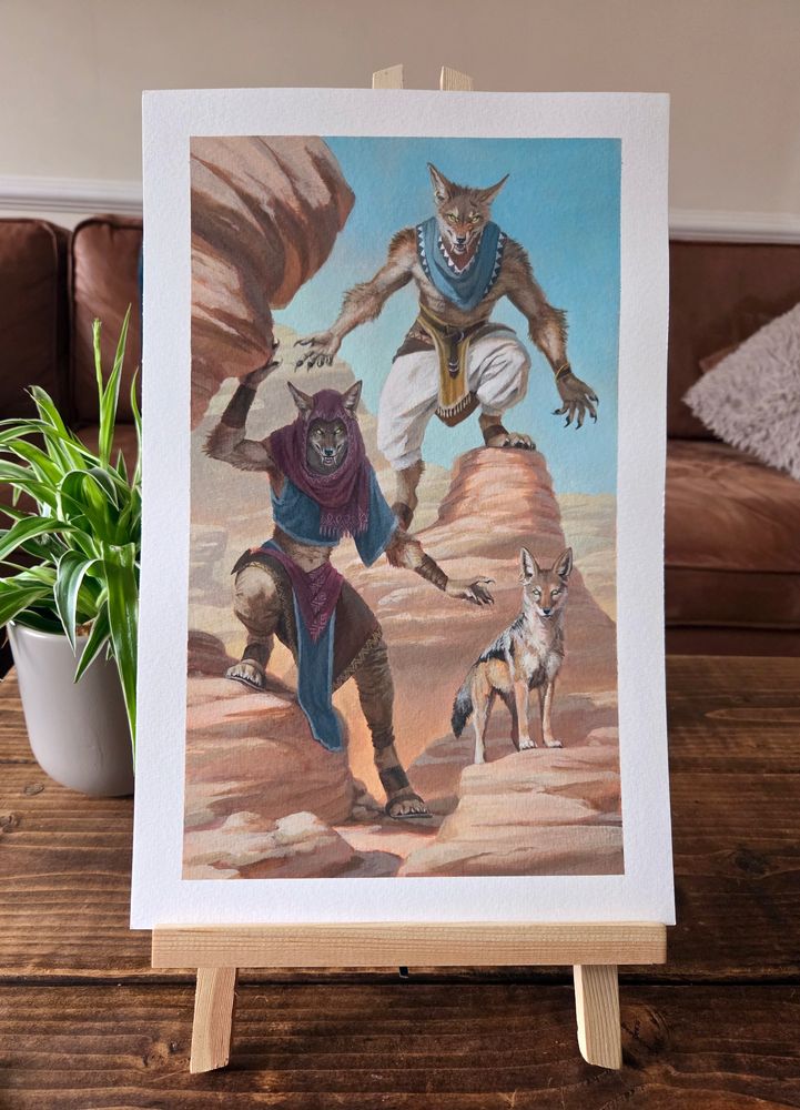 A photograph of the illustration on a wooden stand.