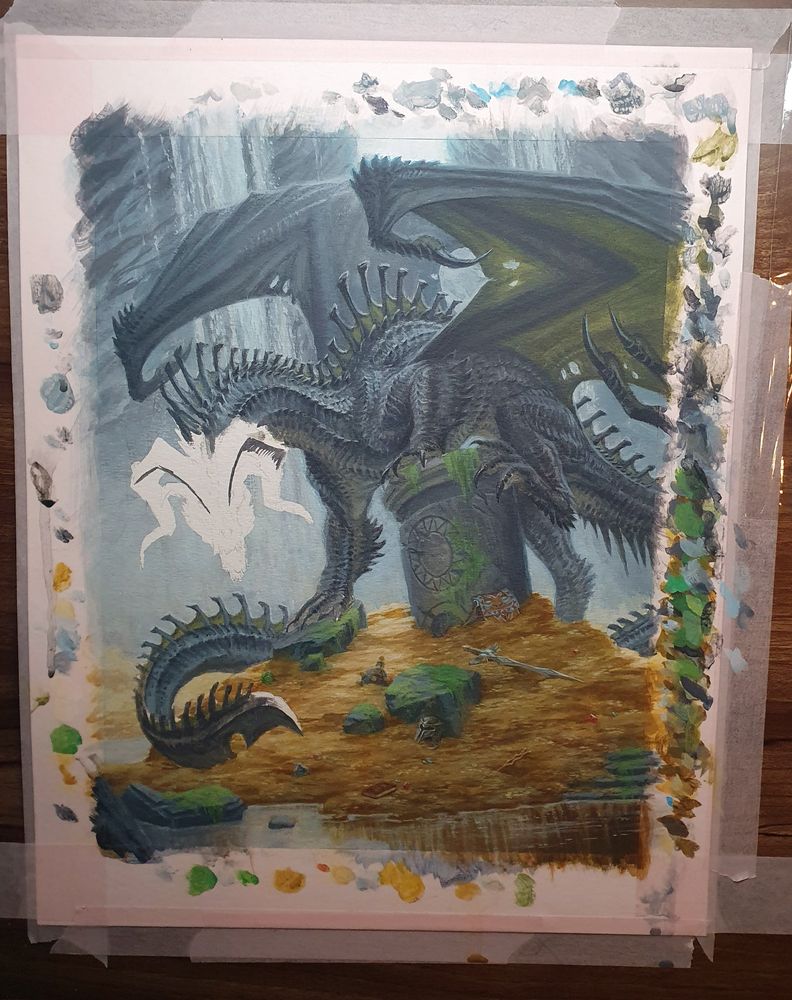 A photo of the illustration as it was near completion, showing the background and most of the dragon, but the dragon's head still unfinished, before I had redrawn it to change the angle as requested. Once the head was repainted the piece only needed a final detail pass and some finishing touches to be done.