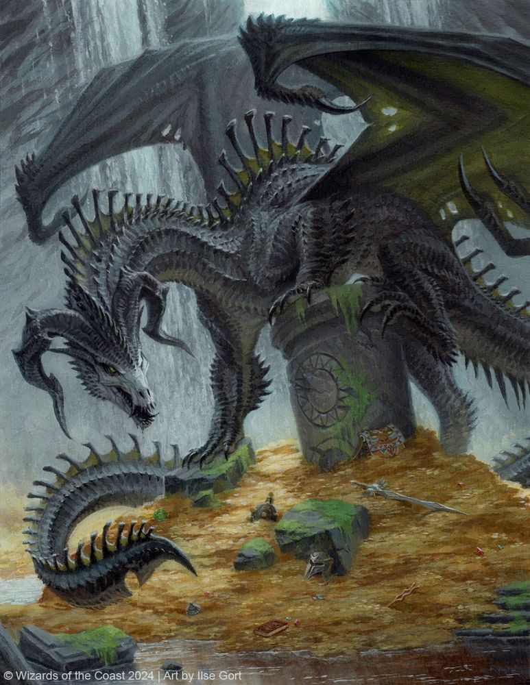 A black dragon perched atop a treasure hoard in a damp cave. In the background we see waterfalls pouring down onto the treasure piles, moss covers the stone ruins that hint at long gone civilization. The dragon has a pale face that makes it look skeletal, while her body is covered in black spiky plates, and her back ridged with tall spines. She has an almost serpentine look with a slender body and an enormously long tail curling back around to her front.