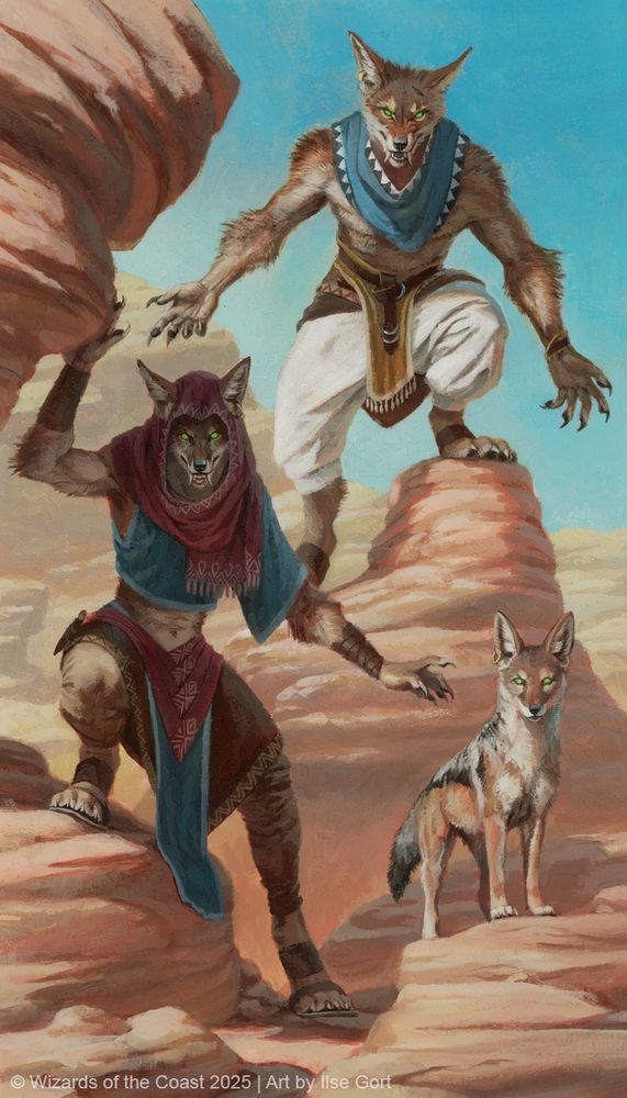 Acrylic illustration featuring three jackalweres in a rocky desert environment, looking at the viewer. Two of the jackalweres are humanoid, one feminine and one masculine, wearing loosely patterned clothes. The third jackalwere looks like a regular jackal except they have green eyes and wear earrings.