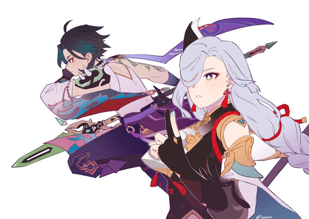 cleanly colored art of xiao and shenhe from genshin impact. shenhe is in the foreground, holding her left hand up to her face in the "sword fingers" pose and calamity queller in her right hand, facing an off-screen enemy to the left. she looks focused as strands of her hair blow around her face and braid flowing behind her. xiao is in the background leaping mid-air and poised to attack the same off-screen enemy to the left, left arm bracing himself and right hand wielding the primoridal jade spear, his left sleeve and back ribbon streaming behind him.