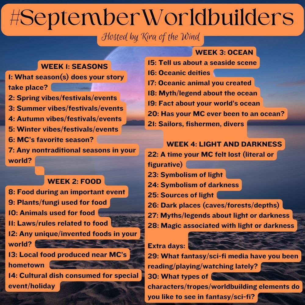 WEEK 2: Ocean
15: Tell us about a seaside scene
16: Oceanic deities
17: Oceanic animal you created
18: Myth/legend about the ocean
19: Fact about your world's ocean
20: Has your MC ever been to an ocean
21: Sailors, fishermen, divers