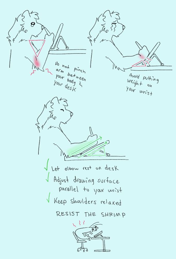 diagram showing how to pose your hand when drawing
✓Let elbow rest on desk
✓Adjust drawing surface parallel to your wrist
✓keep shoulders relaxed
RESIST THE SHRIMP (hunching over your desk like a shrimp)