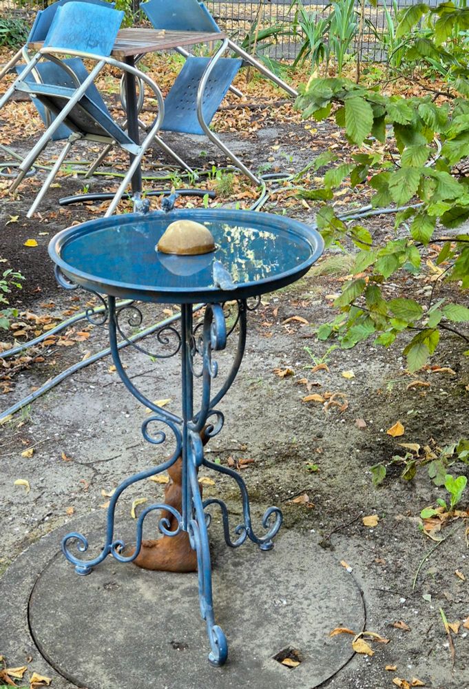 Vogeltränke aus blau gestrichenem Metall im Vorgarten