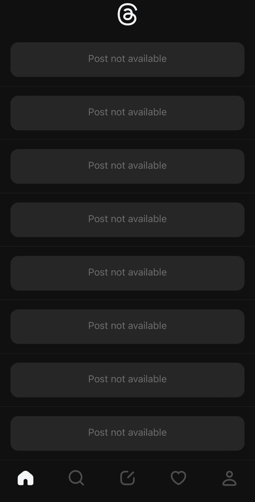 Screenshot of Meta's new Twitter clone Threads, showing all posts as "Post not available"