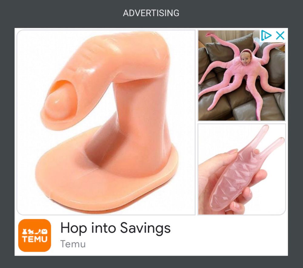 A screenshot of advertisements from the website of a local newspaper. The items being advertised are of unclear purpose. One appears to be a finger on a stand. Another appears to be an octopus outfit for a baby. The third is a two-pronged, ribbed... Something. 
